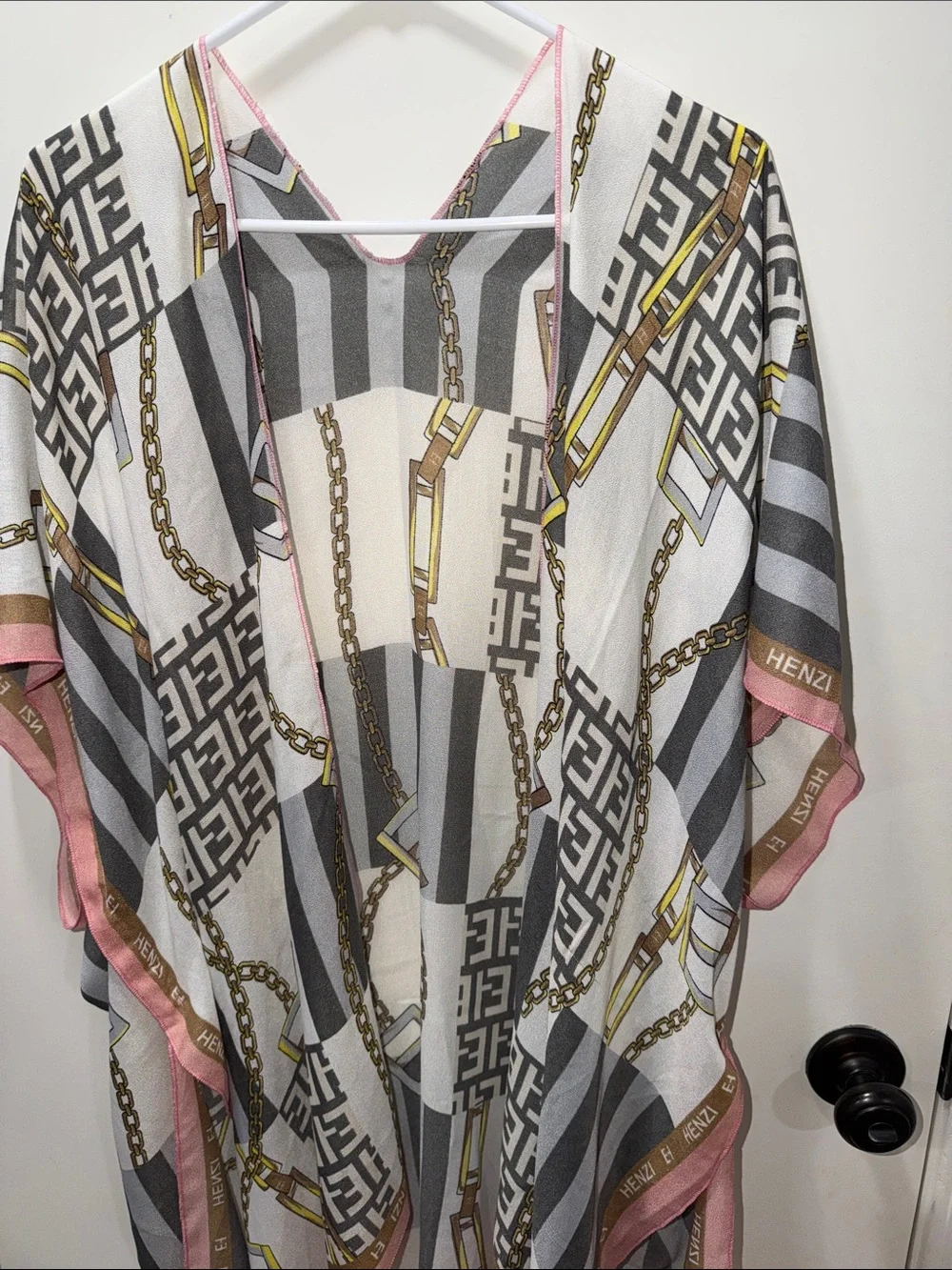 Zhenzi Gray & White Striped Chain-Print Kimono with Pink Trim